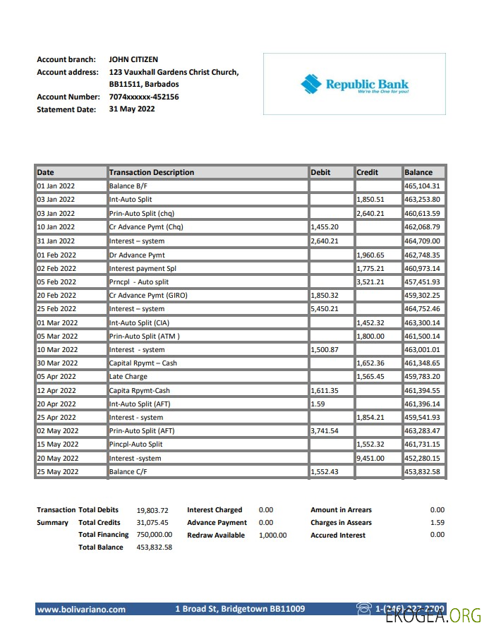 Relevé bancaire de la République de la Barbade